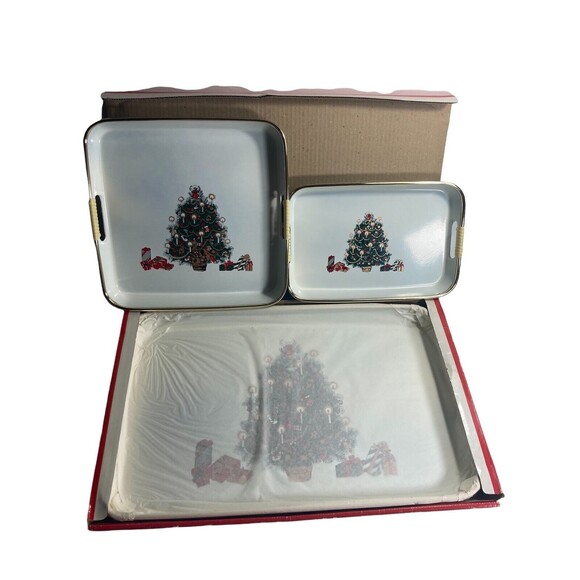 Vintage Lacquerware 3 Tray Christmas MCM Tree Angel Presents Candles Gold Japan - Picture 7 of 12
